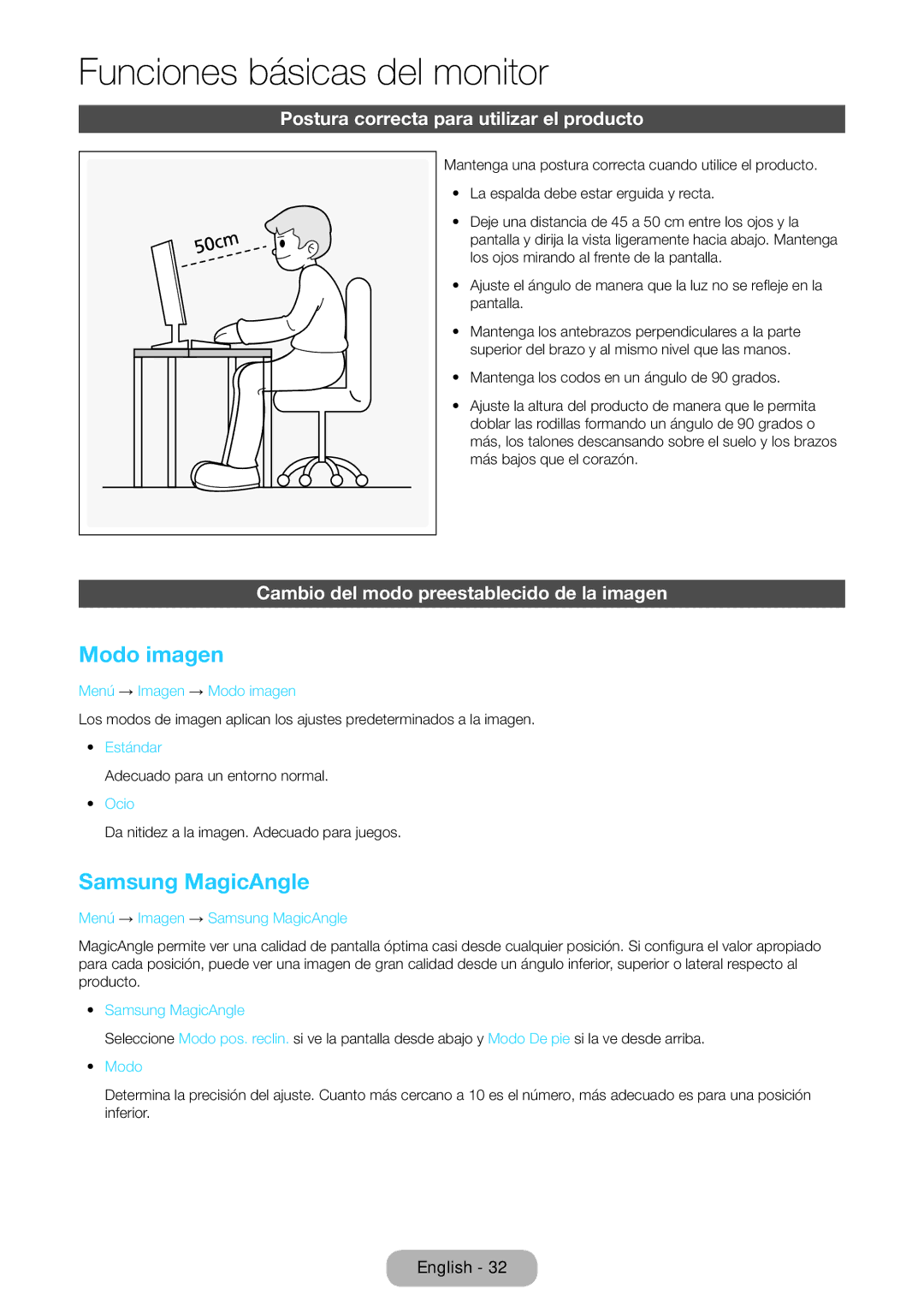Samsung LT23B550EW/EN manual Modo imagen, Samsung MagicAngle, Postura correcta para utilizar el producto 