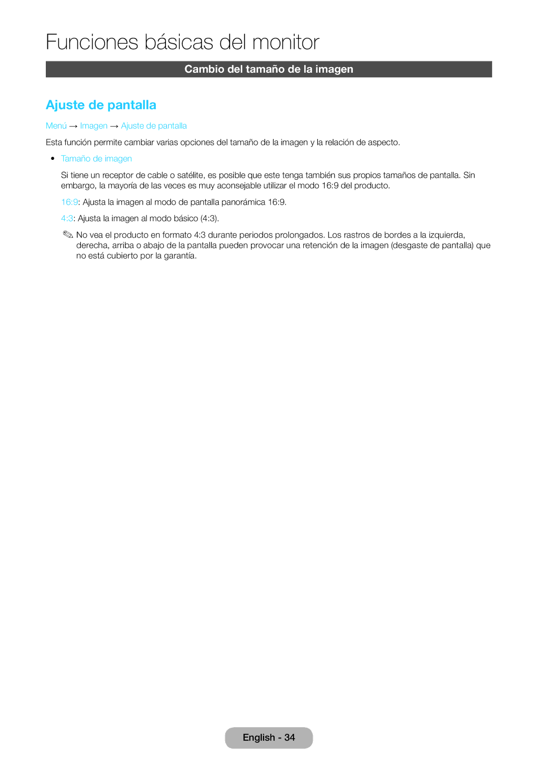 Samsung LT23B550EW/EN manual Cambio del tamaño de la imagen, Menú → Imagen → Ajuste de pantalla, Tamaño de imagen 