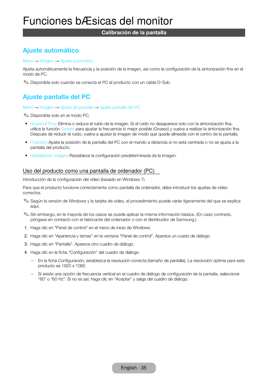 Samsung LT23B550EW/EN manual Ajuste automático, Ajuste pantalla del PC, Calibración de la pantalla 