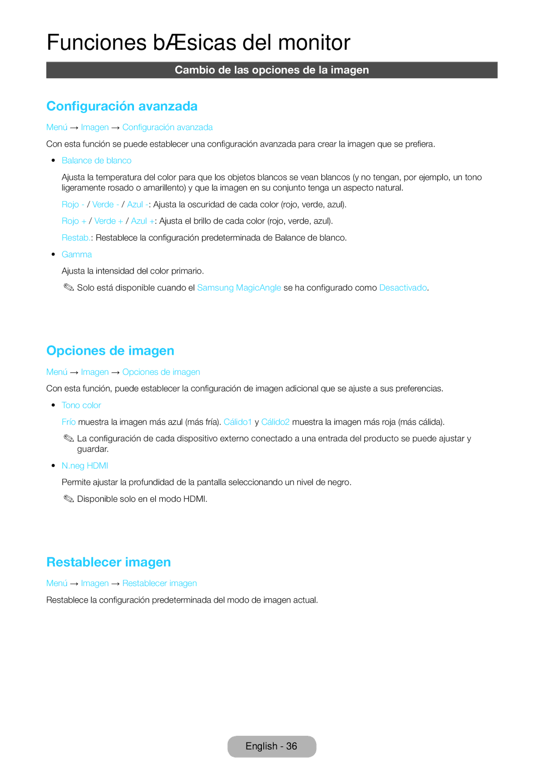 Samsung LT23B550EW/EN Configuración avanzada, Opciones de imagen, Restablecer imagen, Cambio de las opciones de la imagen  