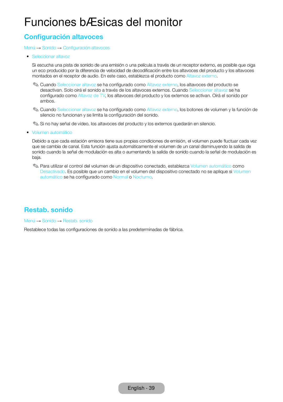 Samsung LT23B550EW/EN Restab. sonido, Menú → Sonido → Configuración altavoces Seleccionar altavoz, Volumen automático 