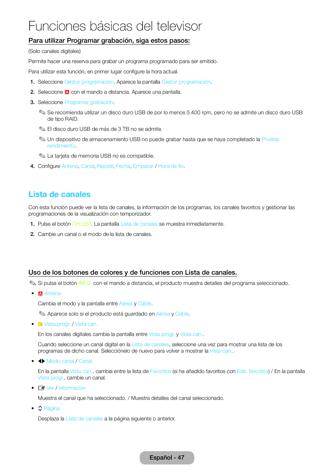 Samsung LT23B550EW/EN manual Lista de canales, Para utilizar Programar grabación, siga estos pasos 