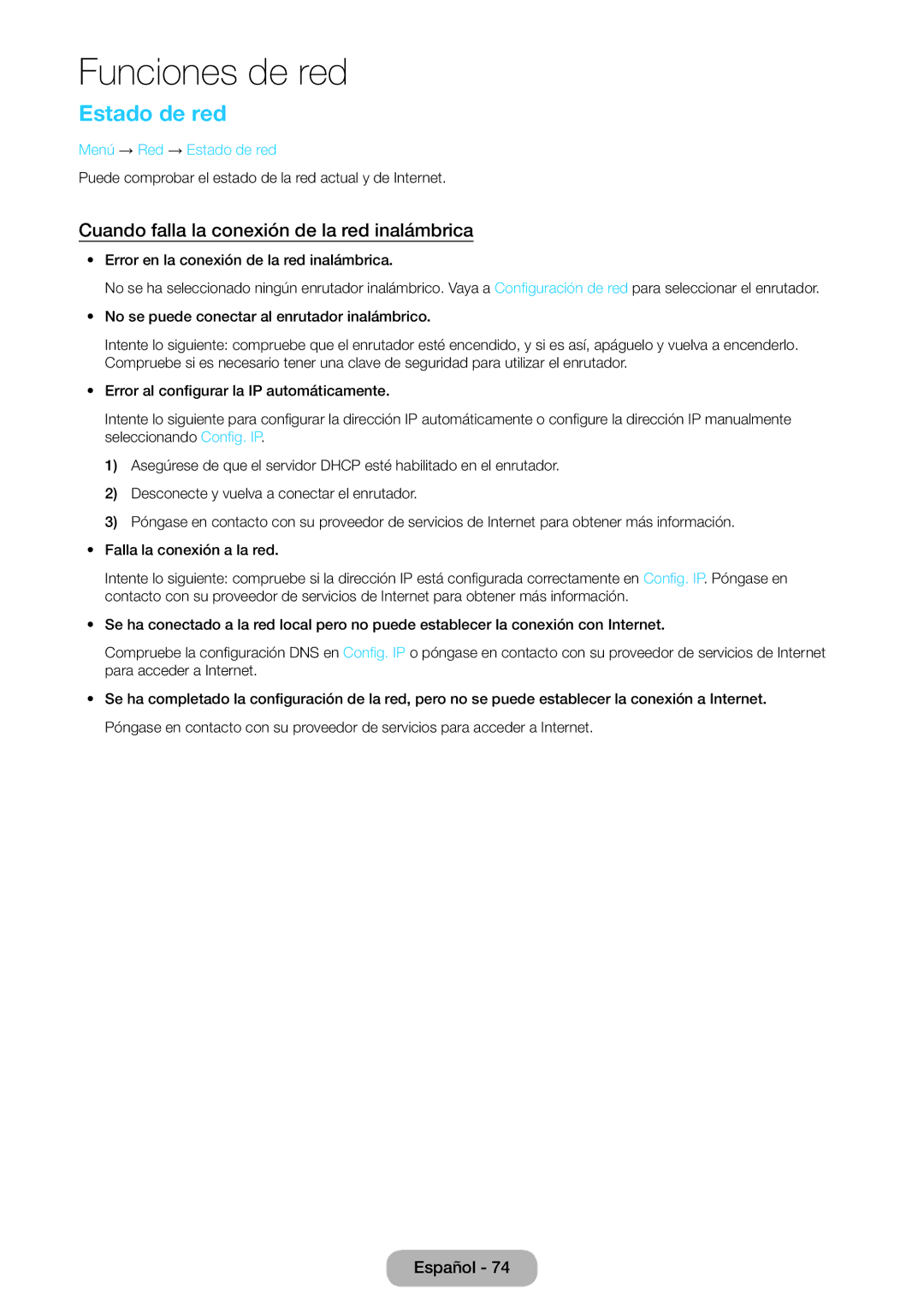 Samsung LT23B550EW/EN manual Estado de red, Cuando falla la conexión de la red inalámbrica 