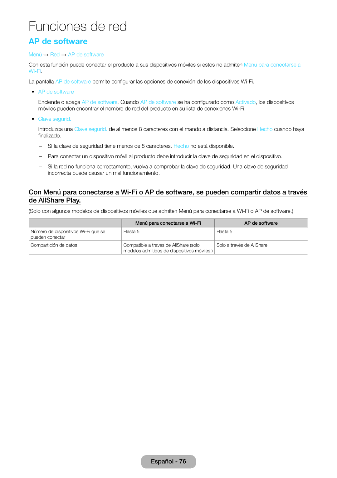 Samsung LT23B550EW/EN manual Menú → Red → AP de software, Clave segurid 