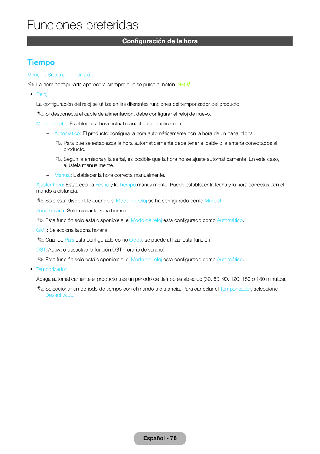 Samsung LT23B550EW/EN manual Configuración de la hora, Menú → Sistema → Tiempo, Temporizador 