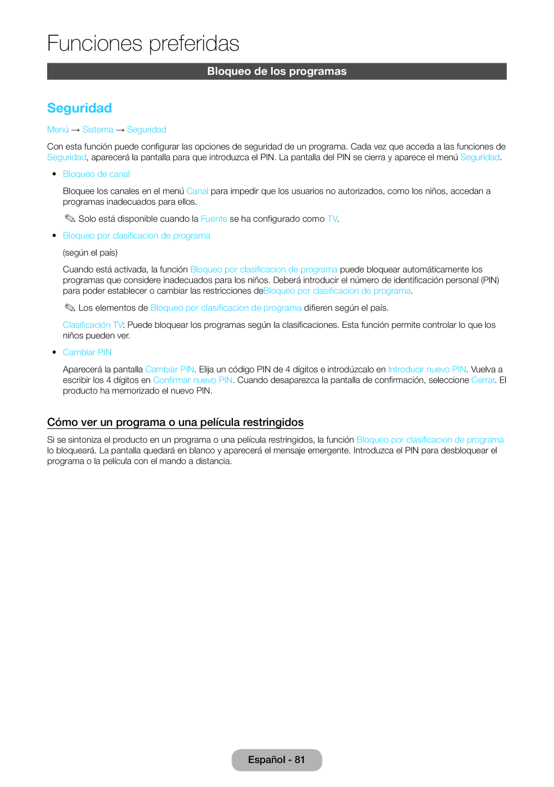 Samsung LT23B550EW/EN manual Seguridad, Bloqueo de los programas, Cómo ver un programa o una película restringidos 