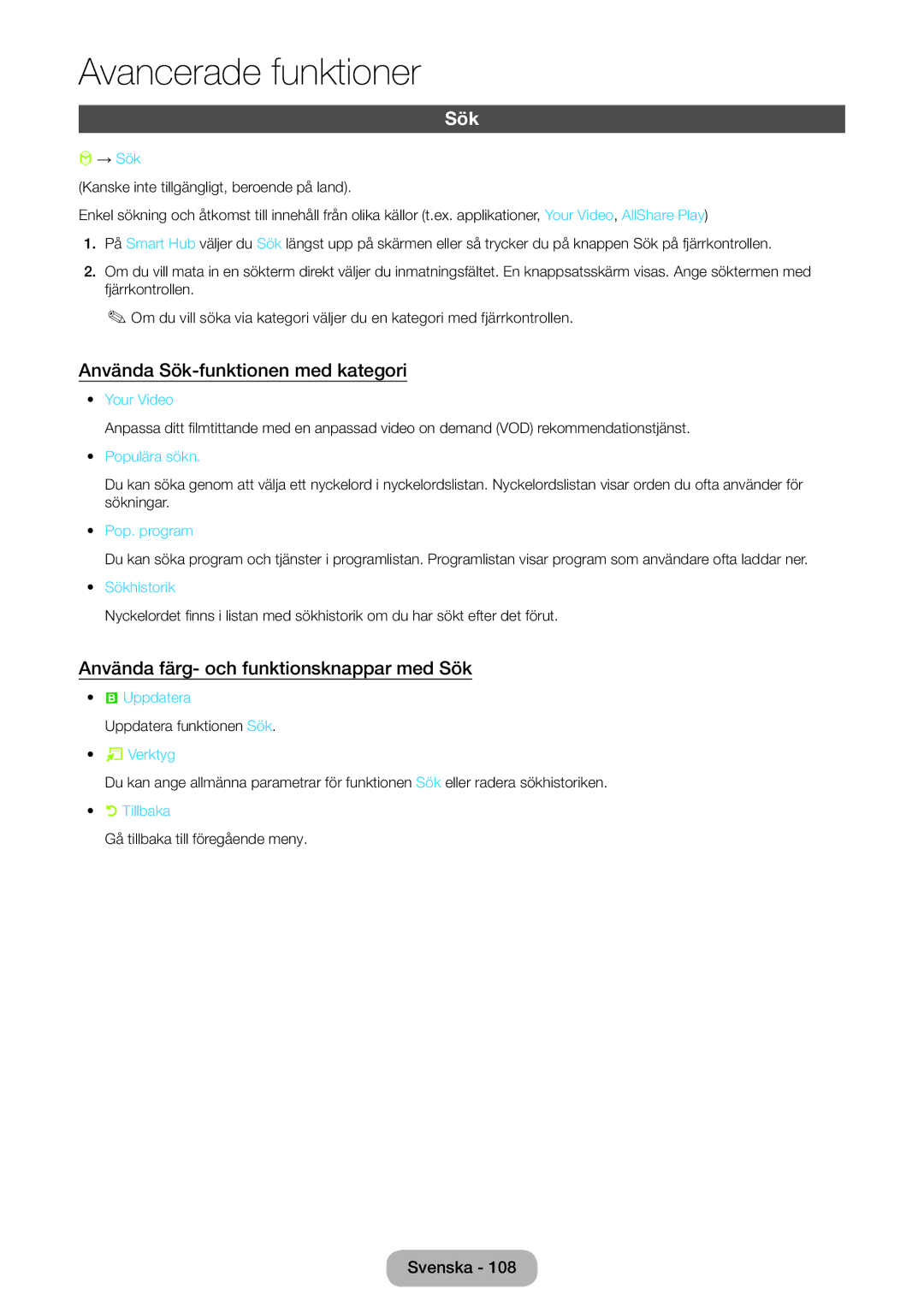 Samsung LT23B550EX/XE, LT27B550EX/XE Använda Sök-funktionen med kategori, Använda färg- och funktionsknappar med Sök 