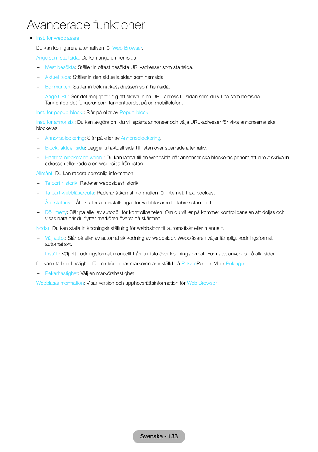 Samsung LT27B550EX/XE, LT23B550EX/XE manual Inst. för webbläsare, Inst. för popup-block. Slår på eller av Popup-block 