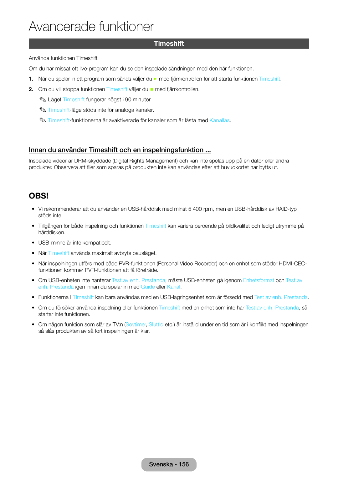 Samsung LT23B550EX/XE, LT27B550EX/XE manual Innan du använder Timeshift och en inspelningsfunktion 