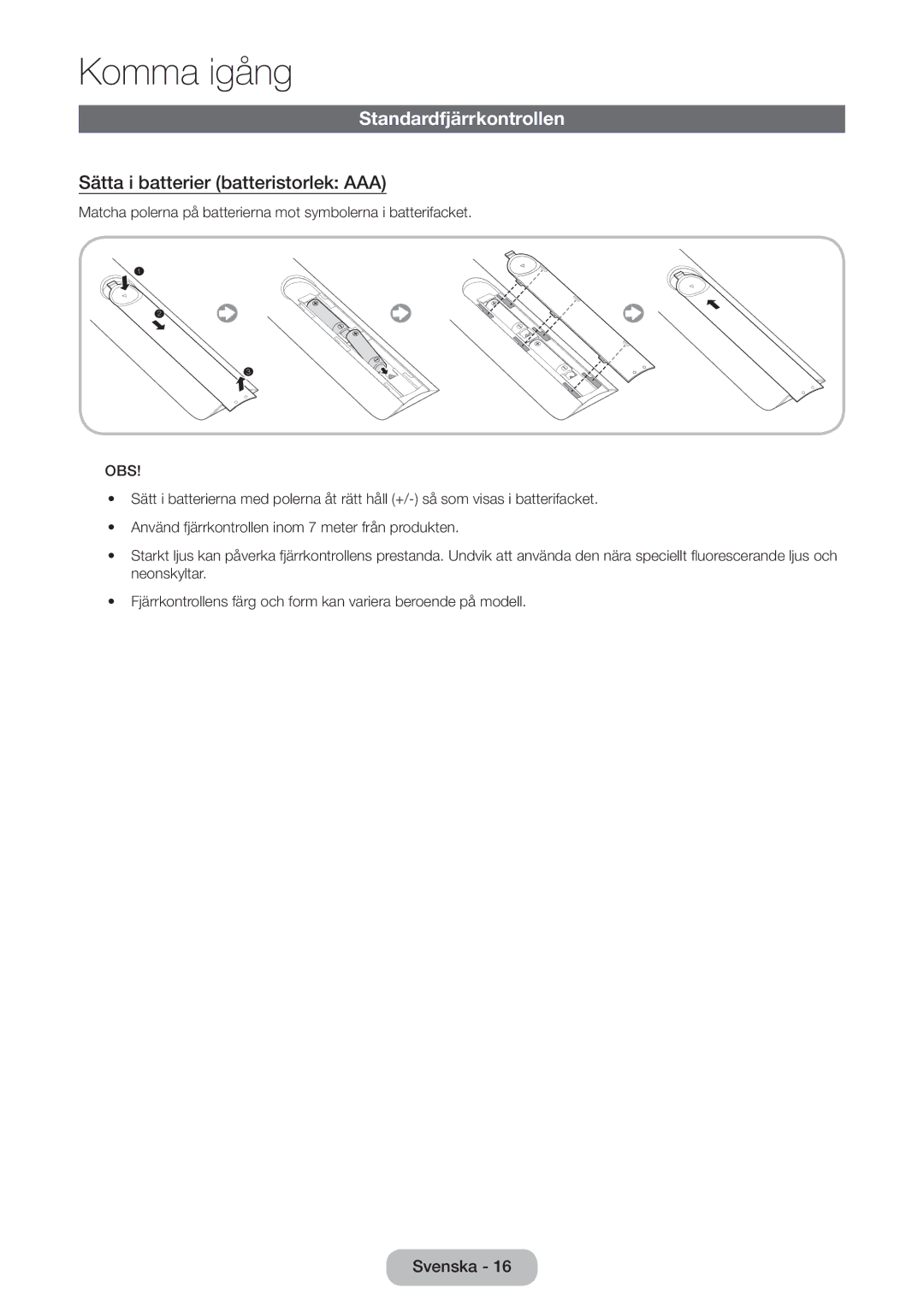 Samsung LT23B550EX/XE, LT27B550EX/XE manual Standardfjärrkontrollen, Sätta i batterier batteristorlek AAA 