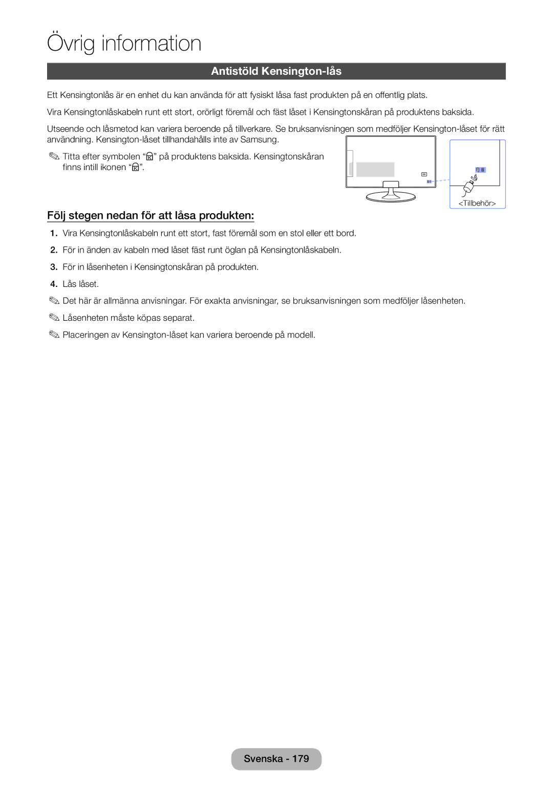 Samsung LT27B550EX/XE, LT23B550EX/XE manual Antistöld Kensington-lås, Följ stegen nedan för att låsa produkten 