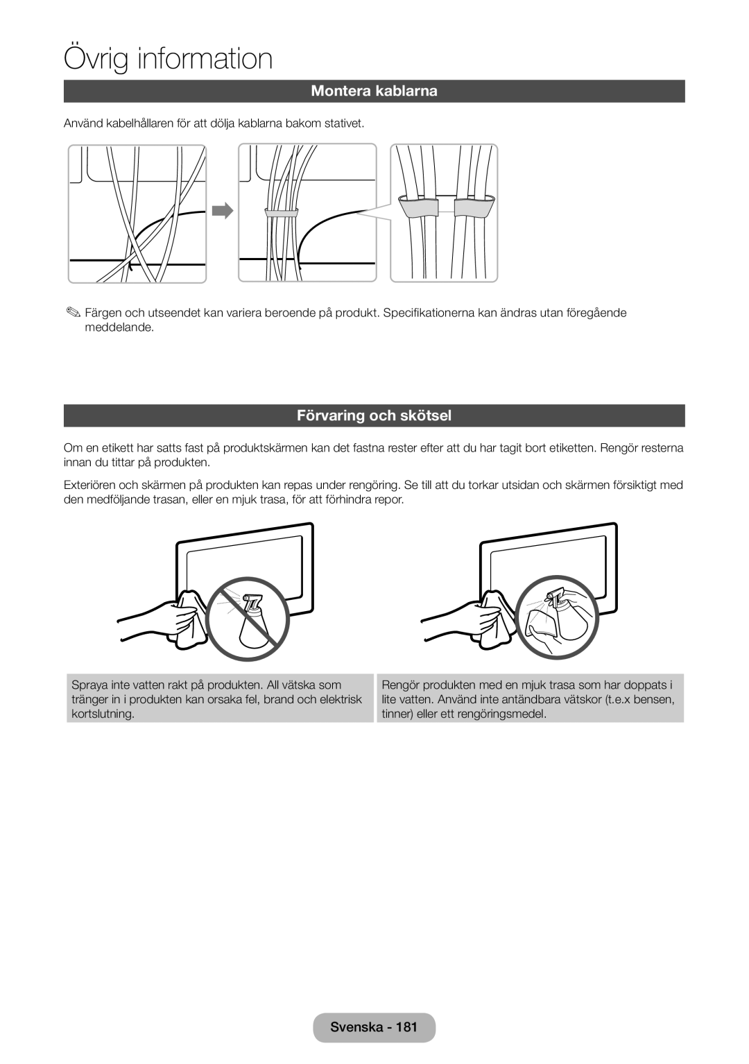 Samsung LT27B550EX/XE, LT23B550EX/XE manual Montera kablarna, Förvaring och skötsel 