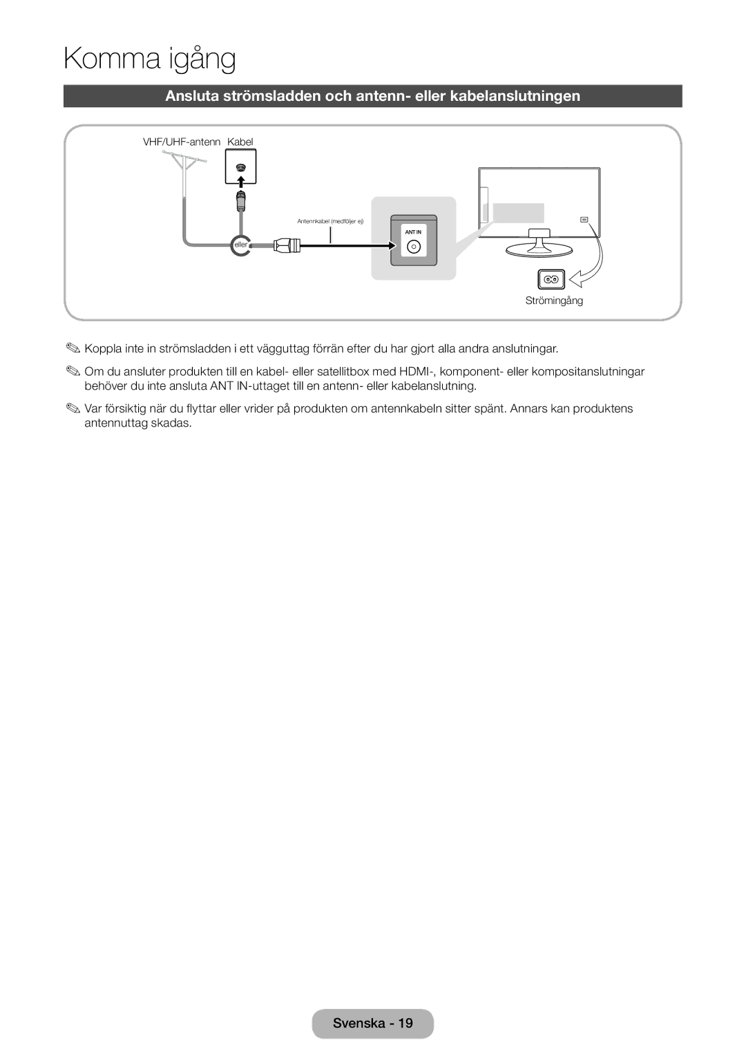 Samsung LT27B550EX/XE, LT23B550EX/XE manual Ansluta strömsladden och antenn- eller kabelanslutningen 