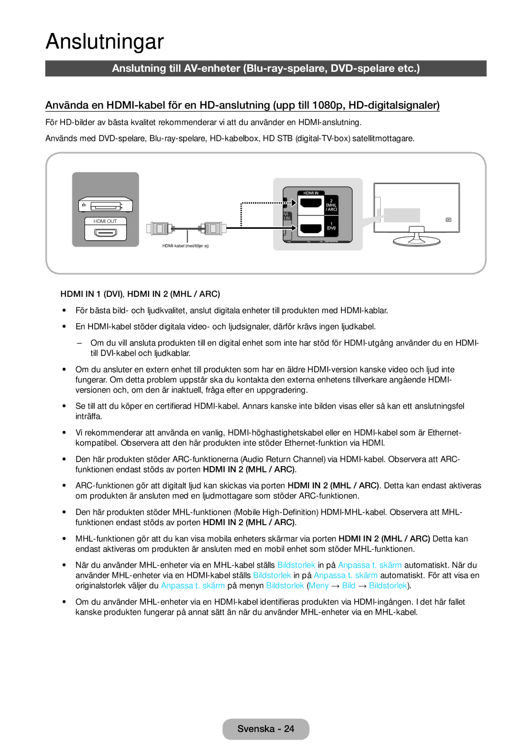 Samsung LT23B550EX/XE, LT27B550EX/XE manual Anslutningar, Anslutning till AV-enheter Blu-ray-spelare, DVD-spelare etc 