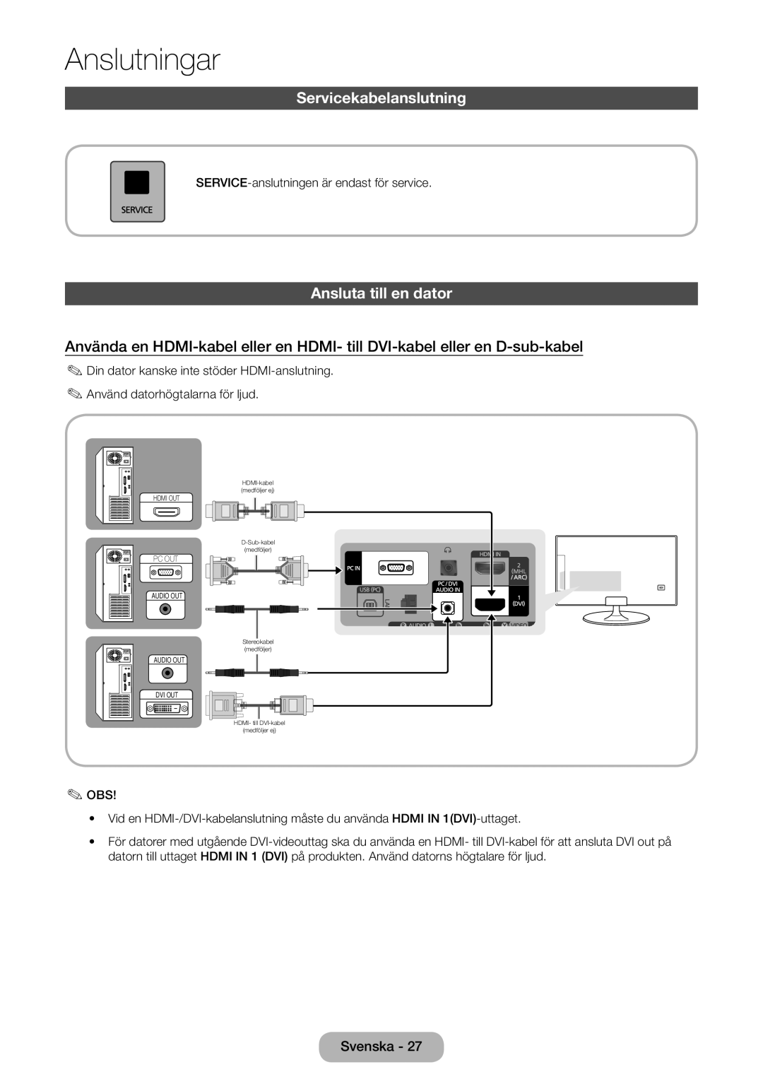 Samsung LT27B550EX/XE manual Servicekabelanslutning, Ansluta till en dator, SERVICE-anslutningen är endast för service 