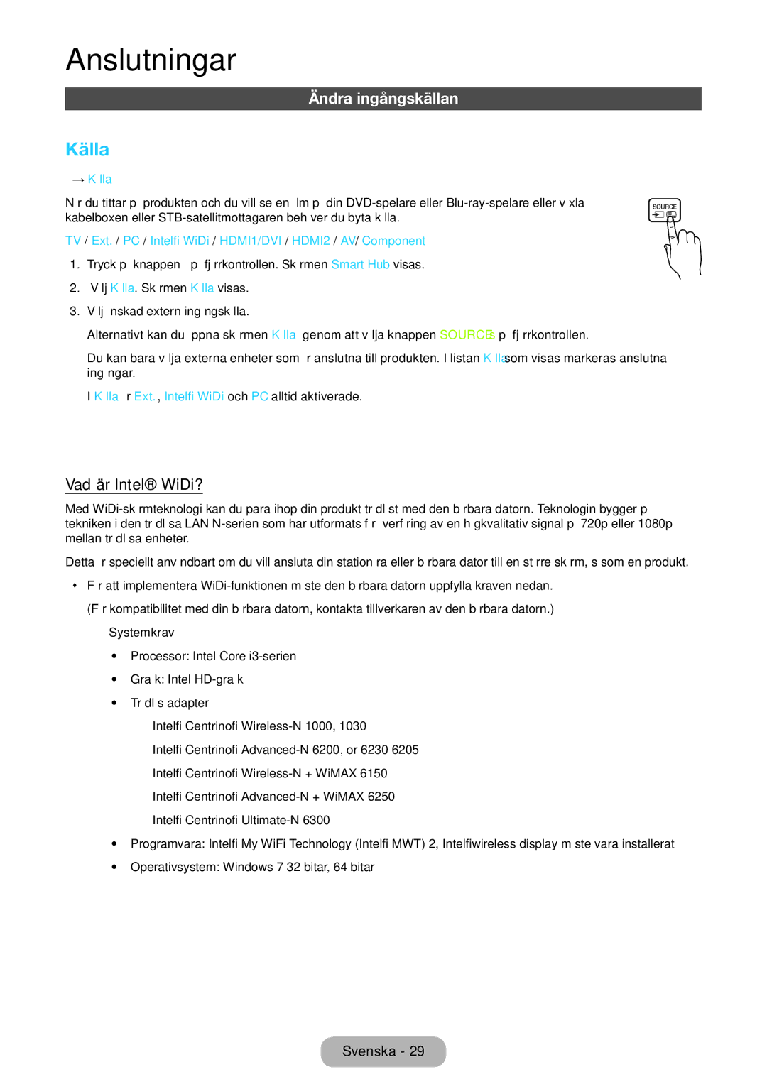 Samsung LT27B550EX/XE, LT23B550EX/XE manual Ändra ingångskällan, Vad är Intel WiDi?, → Källa 