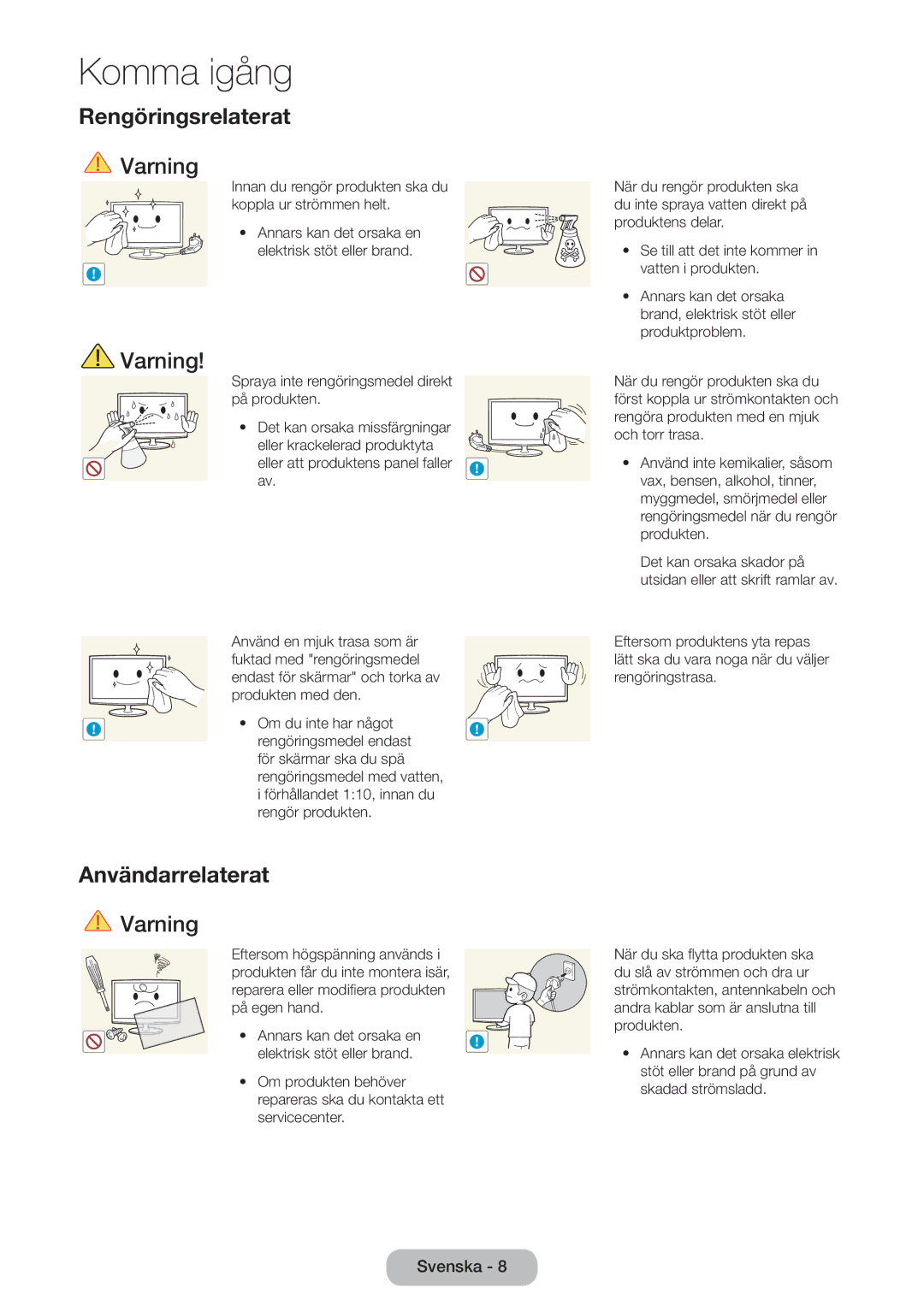 Samsung LT23B550EX/XE, LT27B550EX/XE manual Rengöringsrelaterat, Spraya inte rengöringsmedel direkt på produkten 