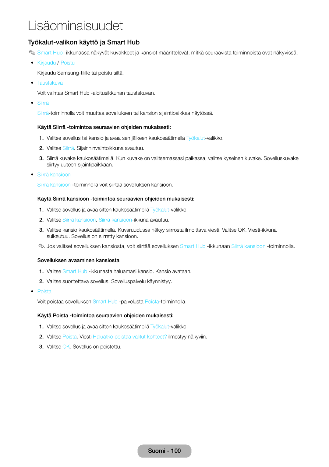 Samsung LT23B550EX/XE, LT27B550EX/XE manual Työkalut-valikon käyttö ja Smart Hub, Siirrä kansioon 