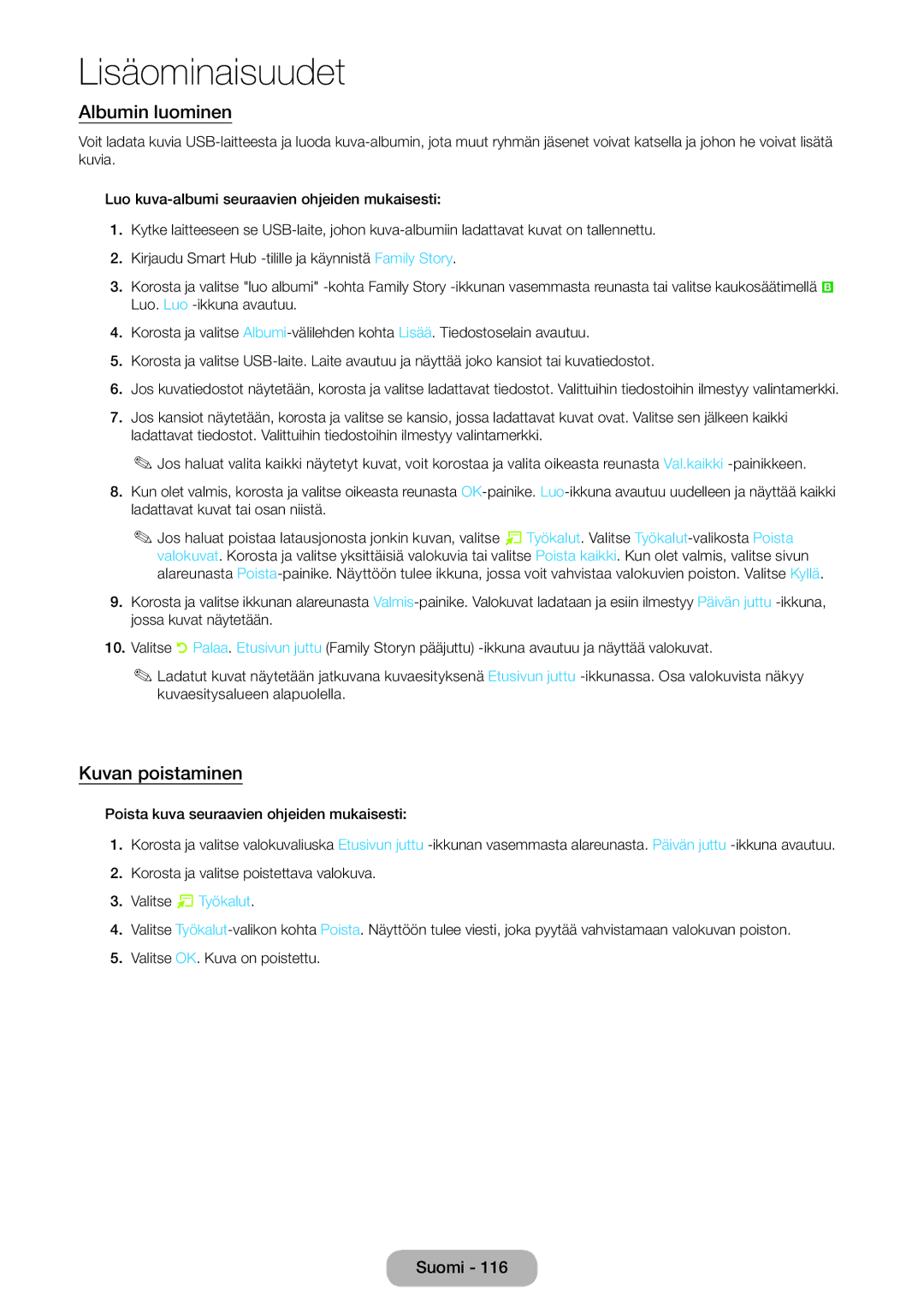 Samsung LT23B550EX/XE, LT27B550EX/XE manual Albumin luominen, Kuvan poistaminen 