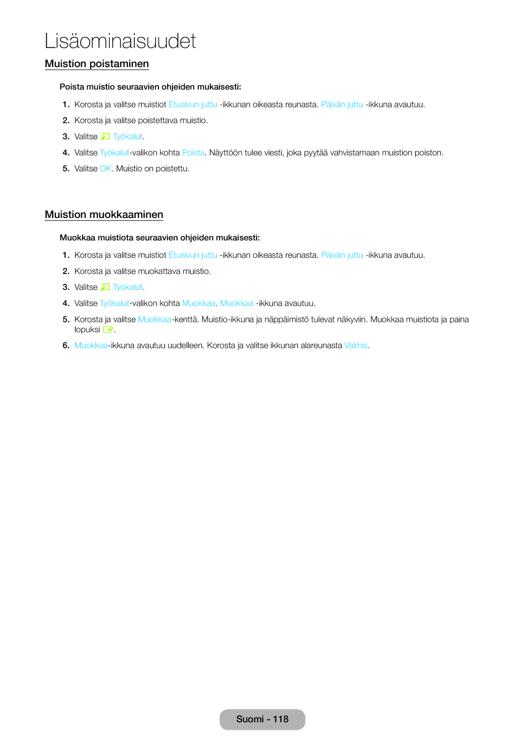 Samsung LT23B550EX/XE, LT27B550EX/XE manual Muistion poistaminen, Muistion muokkaaminen 