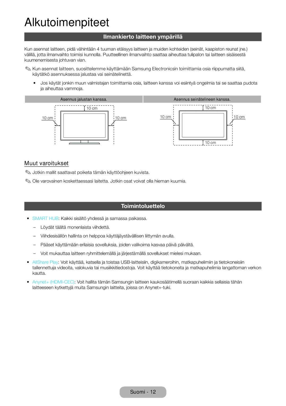 Samsung LT23B550EX/XE, LT27B550EX/XE manual Ilmankierto laitteen ympärillä, Muut varoitukset, Toimintoluettelo 