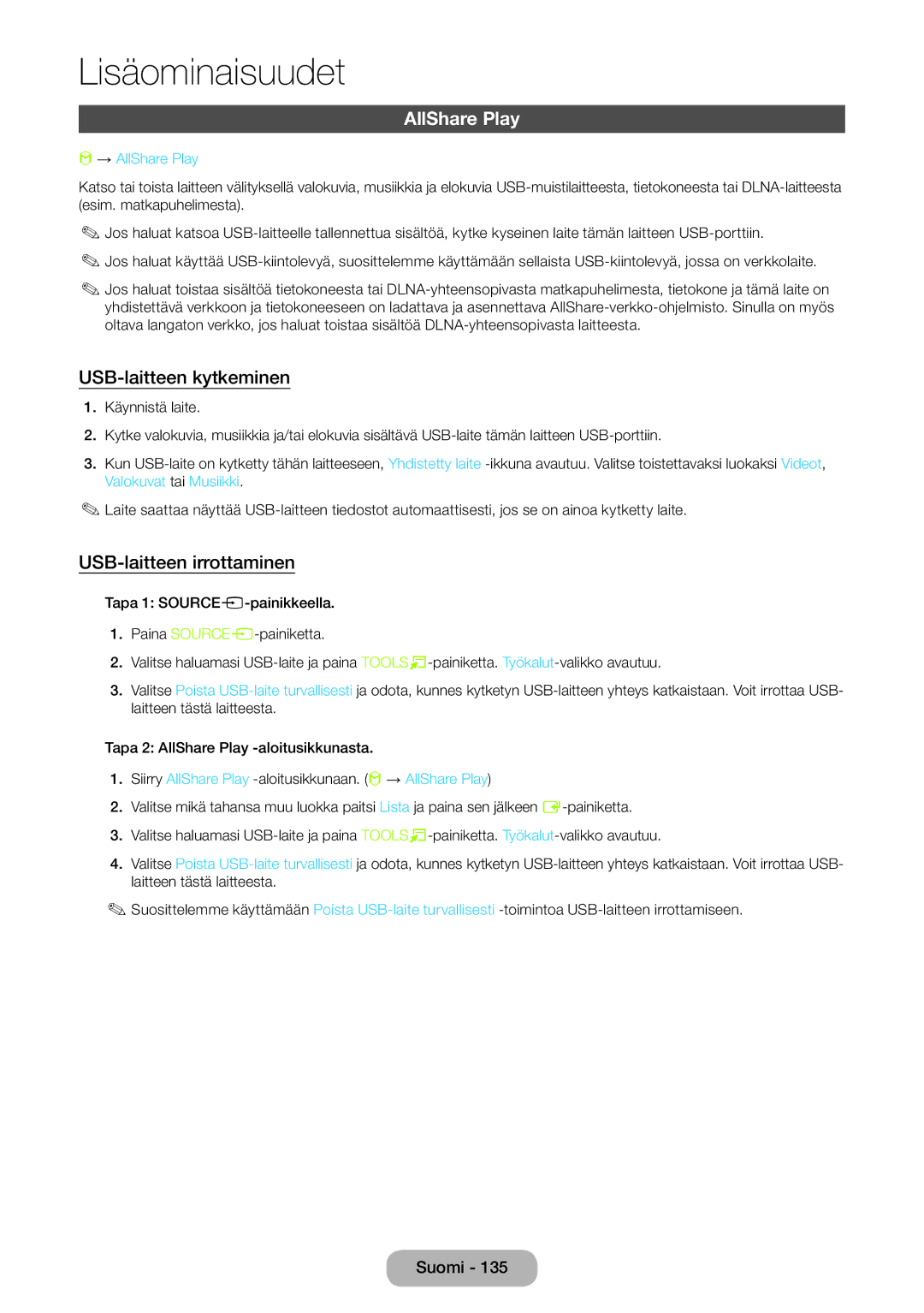 Samsung LT27B550EX/XE, LT23B550EX/XE manual USB-laitteen kytkeminen, USB-laitteen irrottaminen, → AllShare Play 