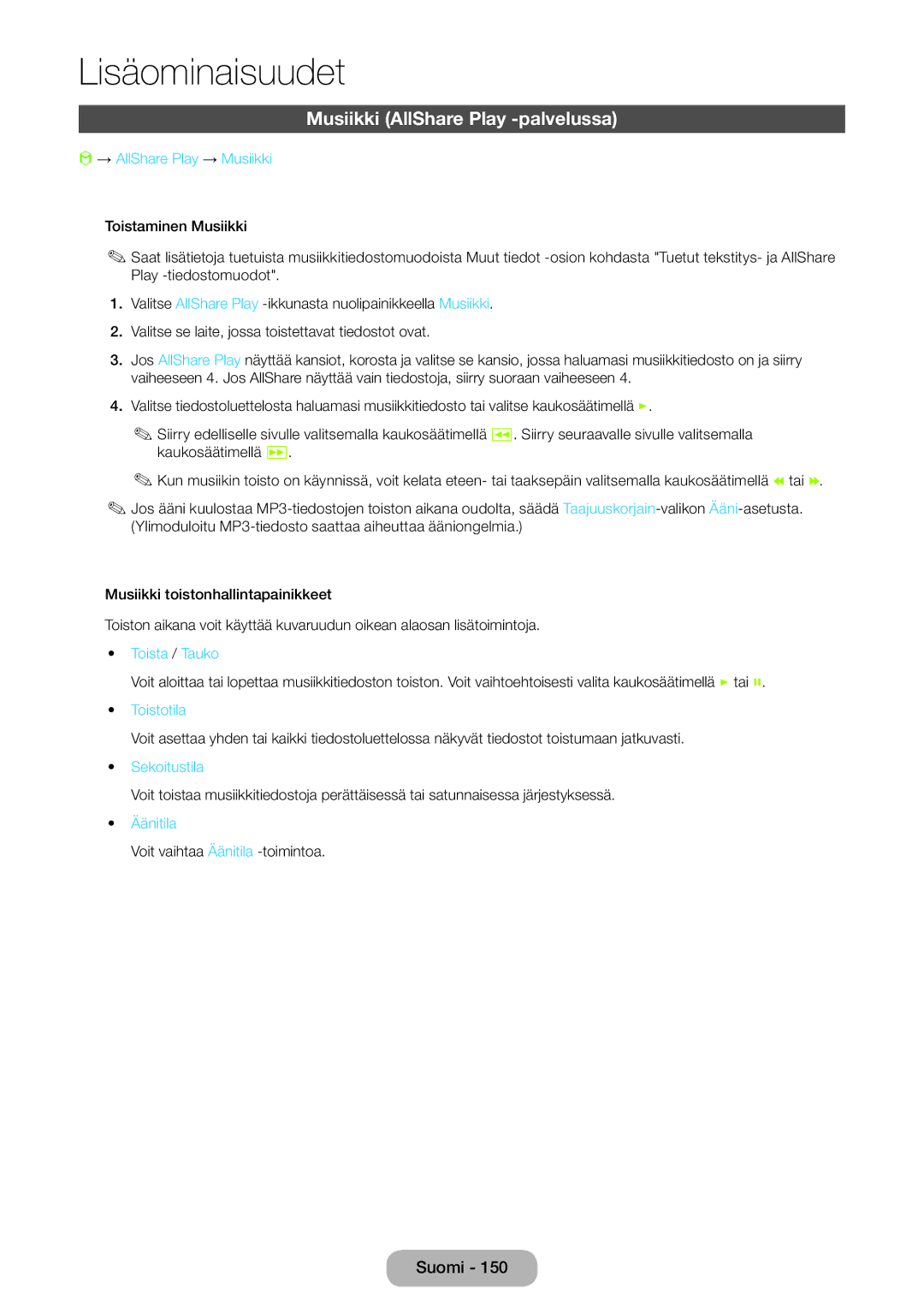 Samsung LT23B550EX/XE manual Musiikki AllShare Play -palvelussa, → AllShare Play → Musiikki, Toista / Tauko, Sekoitustila 