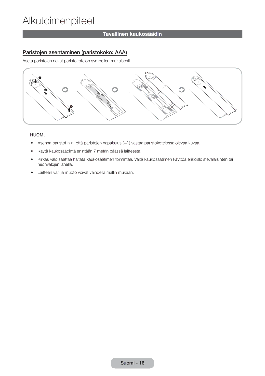 Samsung LT23B550EX/XE, LT27B550EX/XE manual Tavallinen kaukosäädin, Paristojen asentaminen paristokoko AAA 