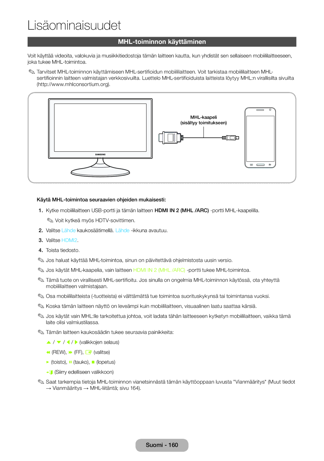 Samsung LT23B550EX/XE, LT27B550EX/XE manual MHL-toiminnon käyttäminen 