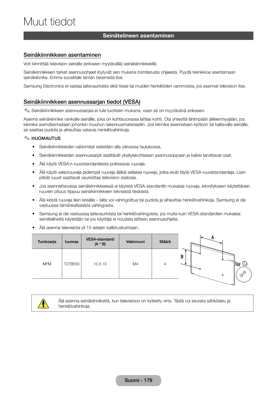 Samsung LT27B550EX/XE Seinätelineen asentaminen, Seinäkiinnikkeen asentaminen, Seinäkiinnikkeen asennussarjan tiedot Vesa 