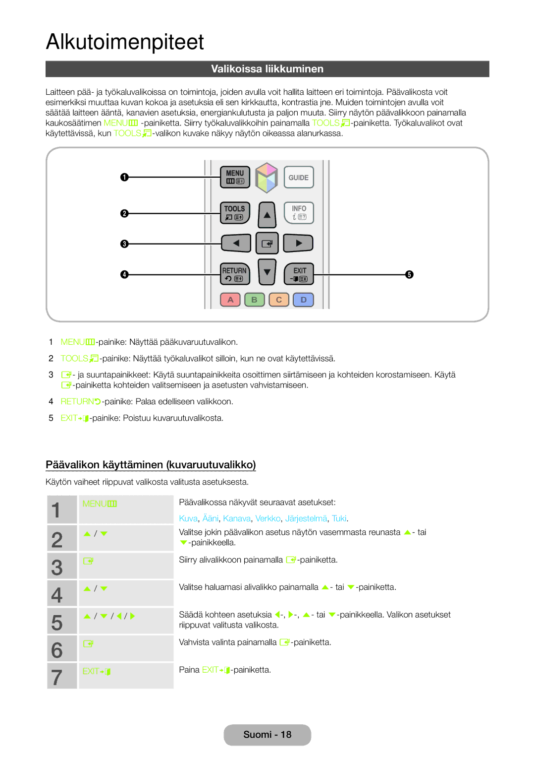 Samsung LT23B550EX/XE, LT27B550EX/XE manual Valikoissa liikkuminen, Päävalikon käyttäminen kuvaruutuvalikko 