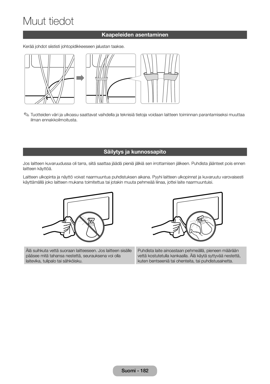 Samsung LT23B550EX/XE, LT27B550EX/XE manual Kaapeleiden asentaminen, Säilytys ja kunnossapito 