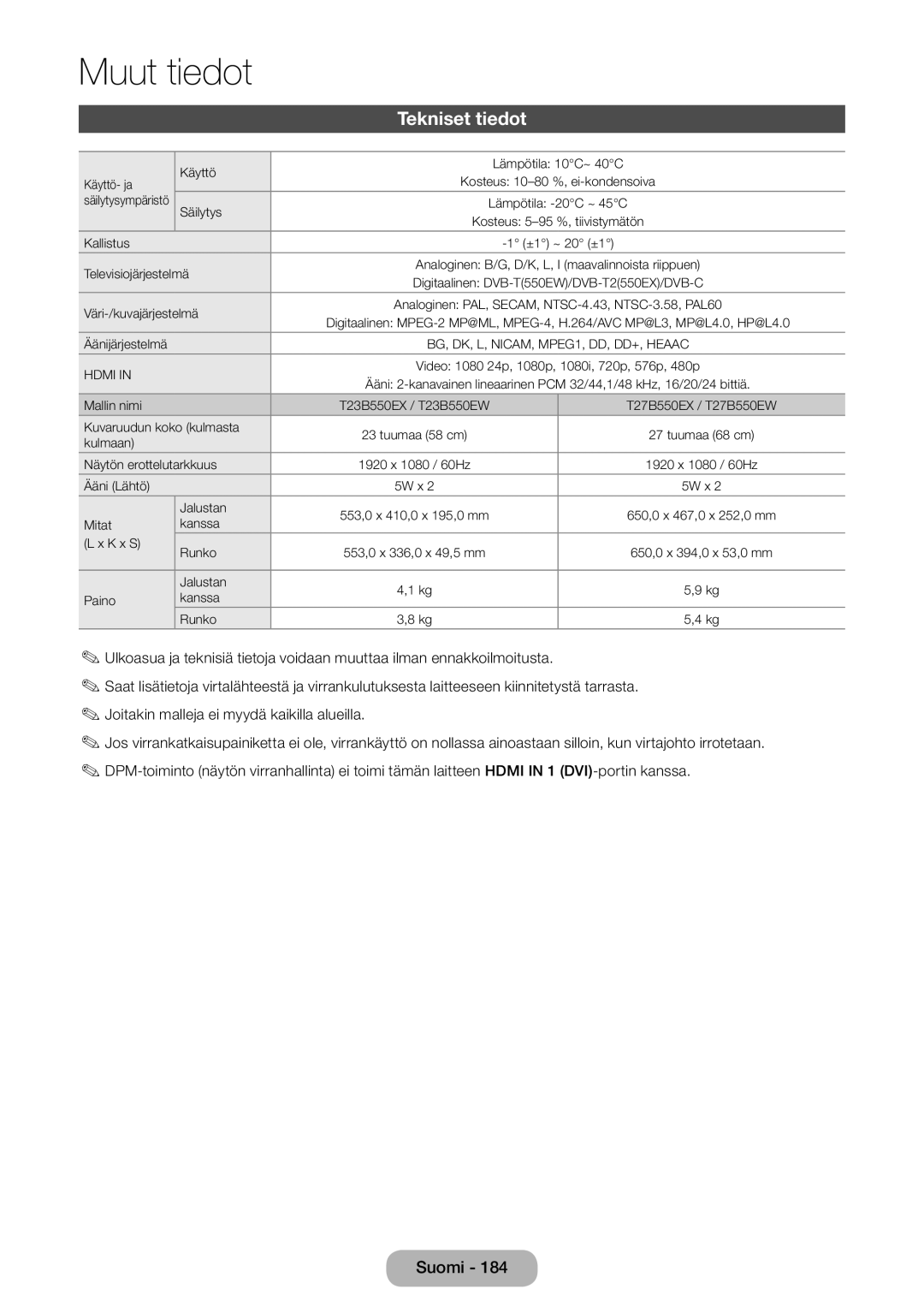 Samsung LT23B550EX/XE, LT27B550EX/XE manual Tekniset tiedot, Televisiojärjestelmä 