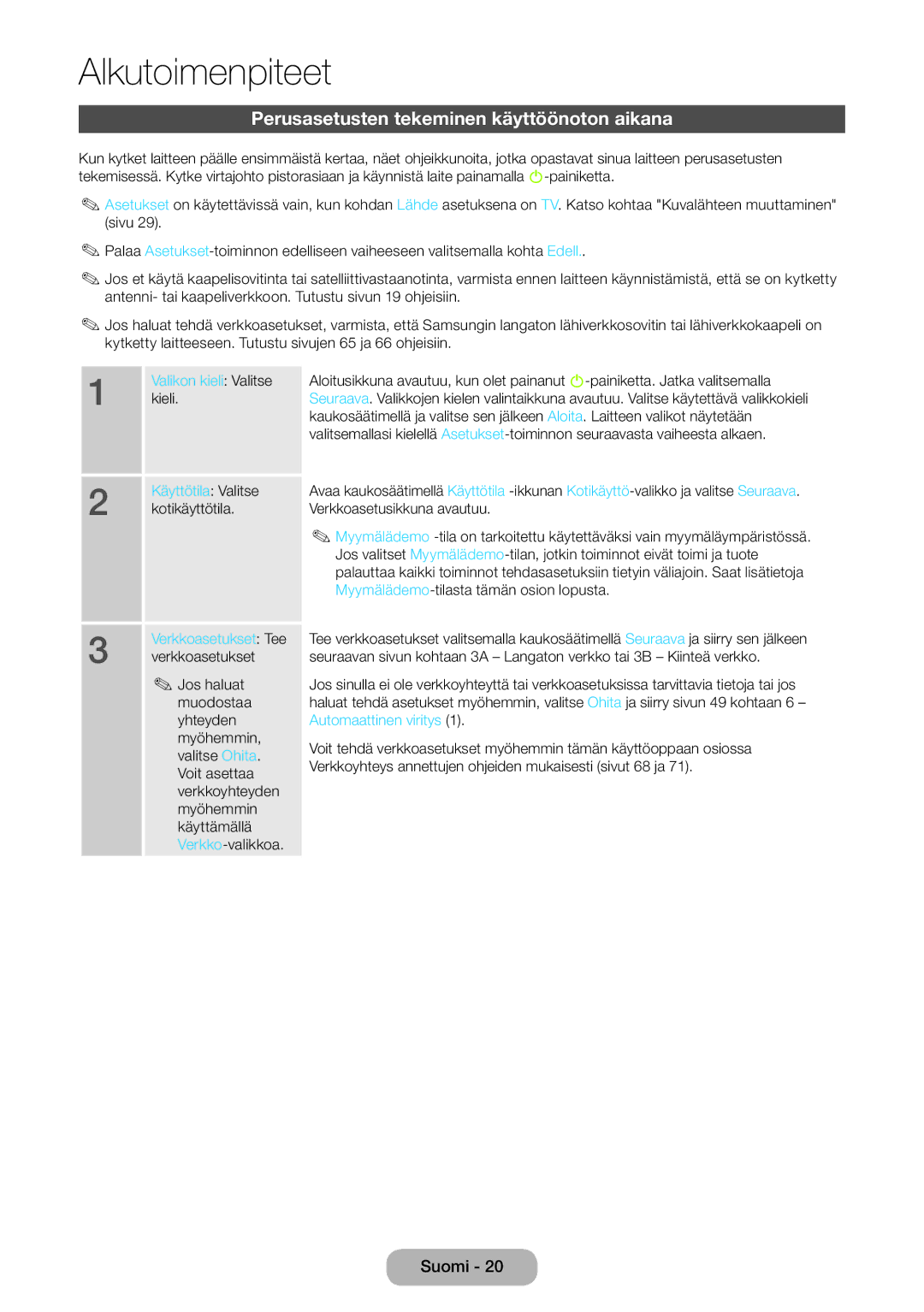 Samsung LT23B550EX/XE, LT27B550EX/XE manual Perusasetusten tekeminen käyttöönoton aikana, Kieli, Kotikäyttötila 