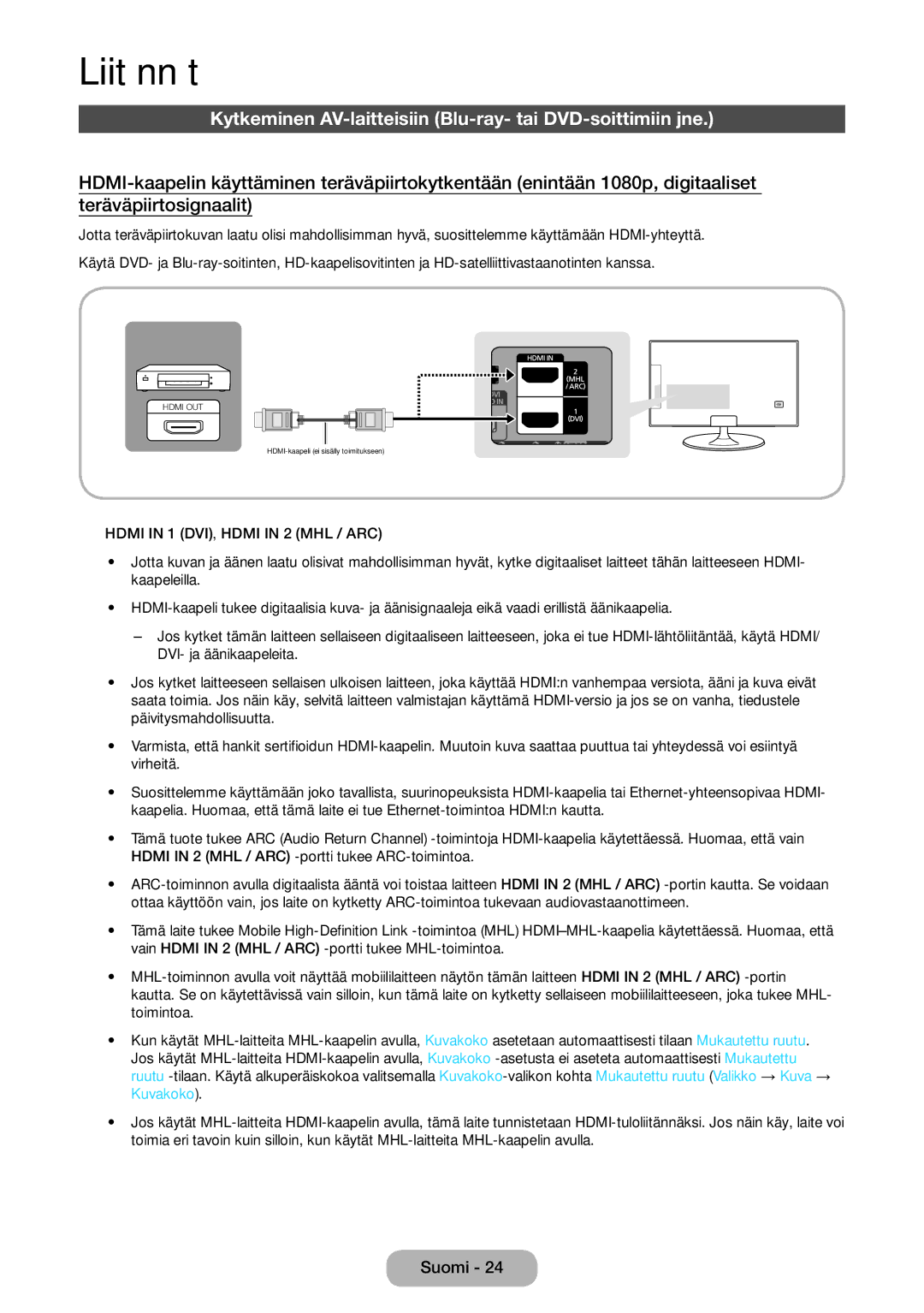 Samsung LT23B550EX/XE, LT27B550EX/XE manual Liitännät, Kytkeminen AV-laitteisiin Blu-ray- tai DVD-soittimiin jne 