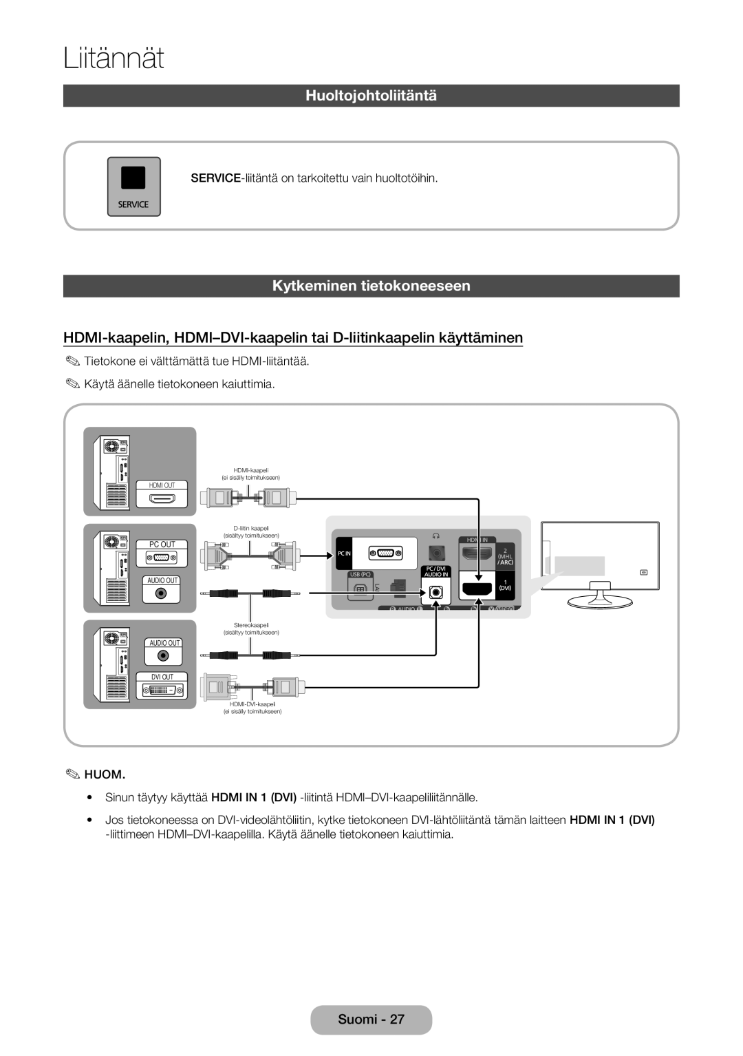 Samsung LT27B550EX/XE, LT23B550EX/XE manual Huoltojohtoliitäntä, Kytkeminen tietokoneeseen 