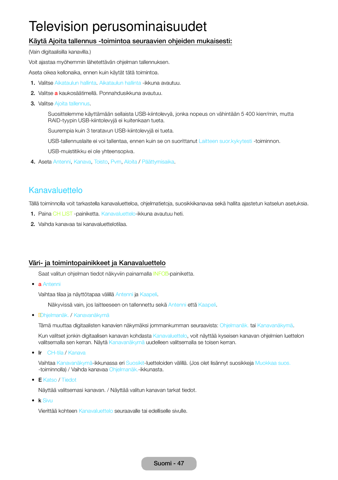 Samsung LT27B550EX/XE, LT23B550EX/XE manual Väri- ja toimintopainikkeet ja Kanavaluettelo 