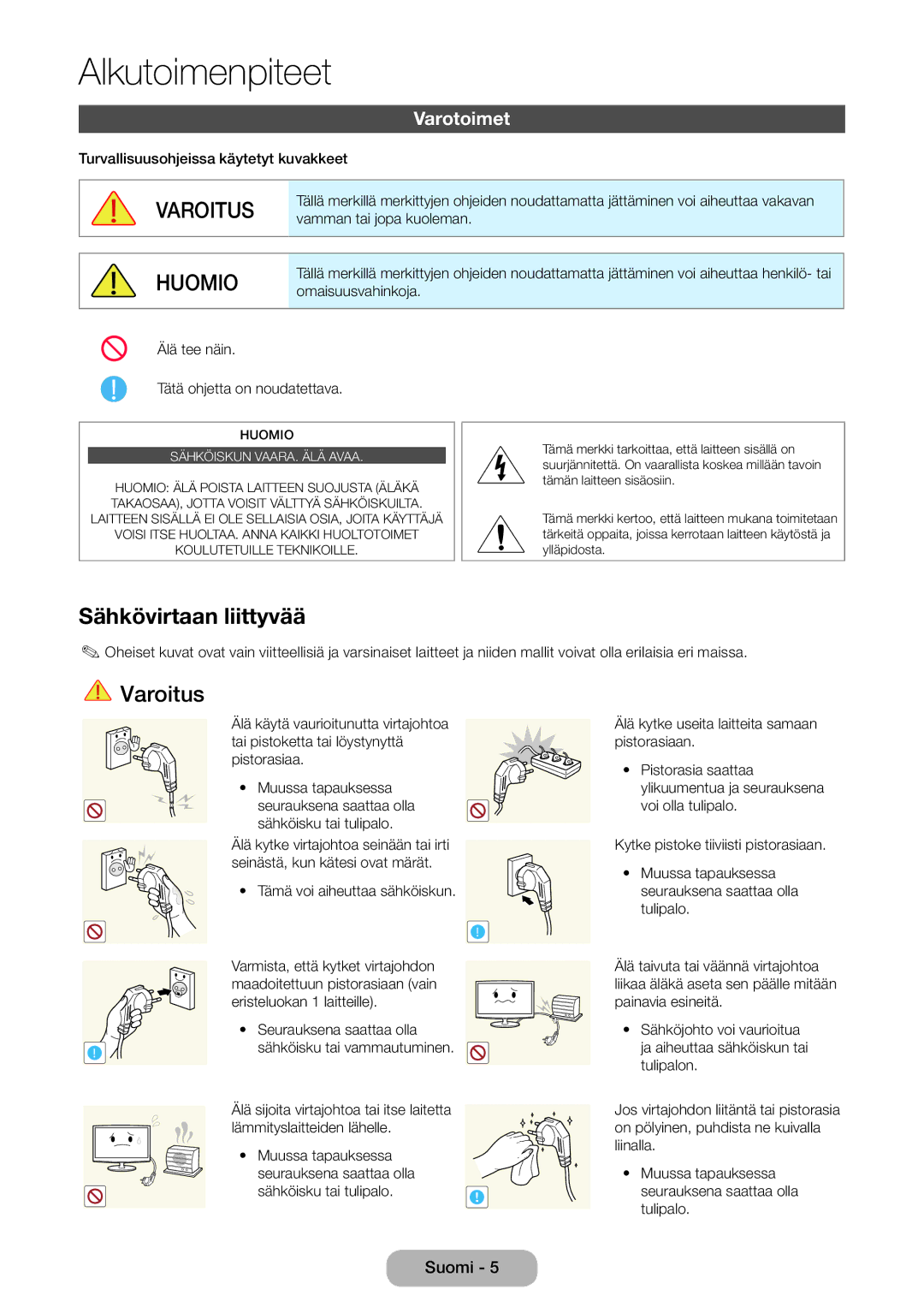 Samsung LT27B550EX/XE, LT23B550EX/XE manual Alkutoimenpiteet, Varotoimet 