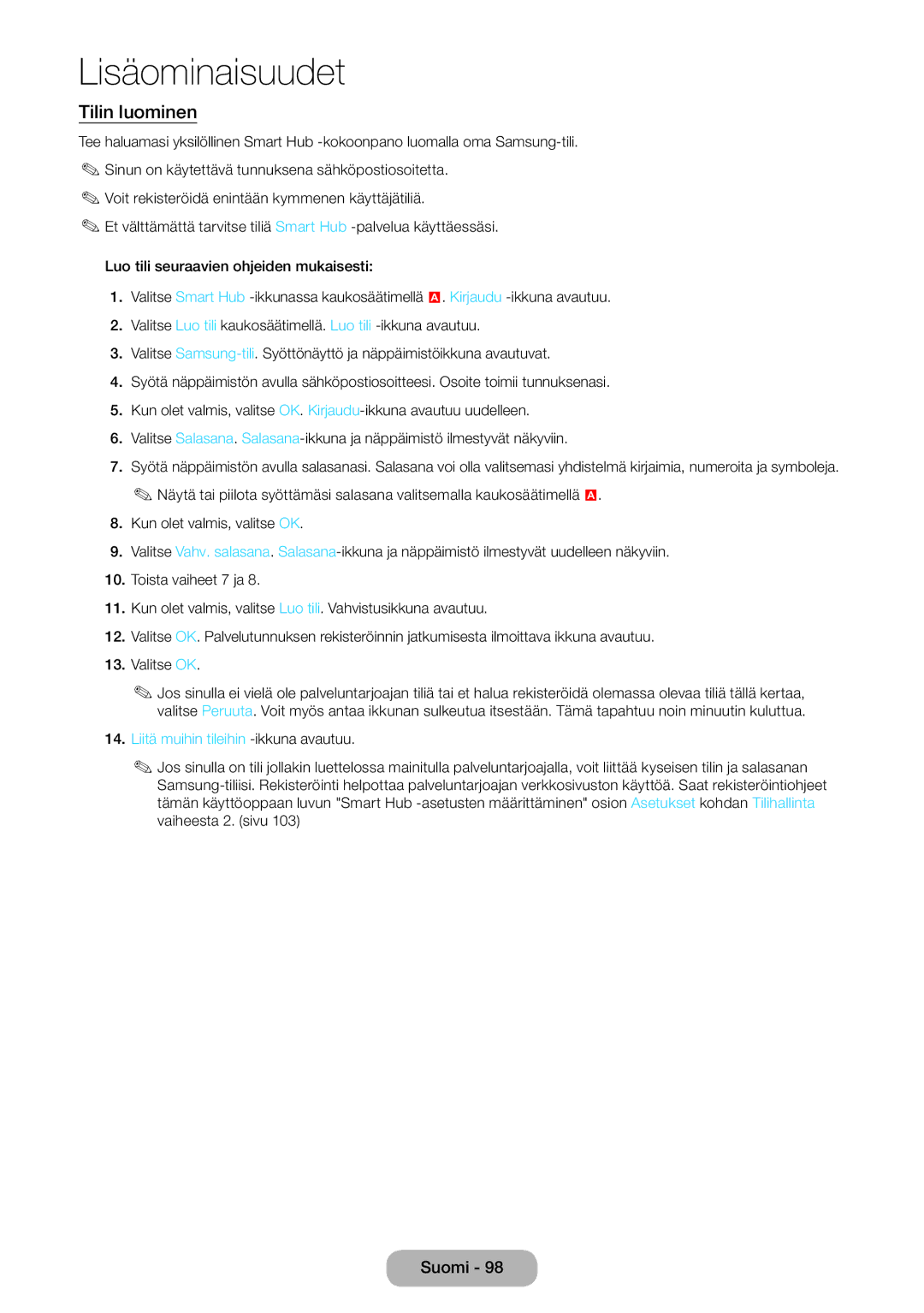 Samsung LT23B550EX/XE, LT27B550EX/XE manual Tilin luominen, Liitä muihin tileihin -ikkuna avautuu 