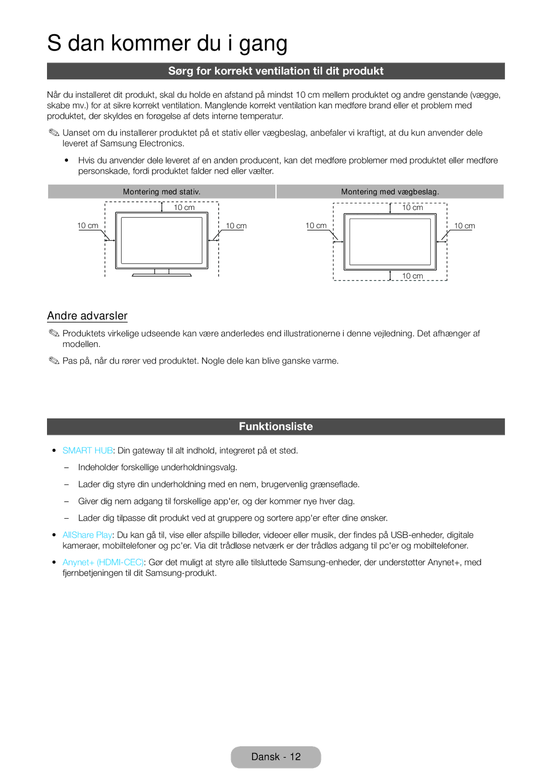 Samsung LT23B550EX/XE, LT27B550EX/XE manual Sørg for korrekt ventilation til dit produkt, Andre advarsler, Funktionsliste 