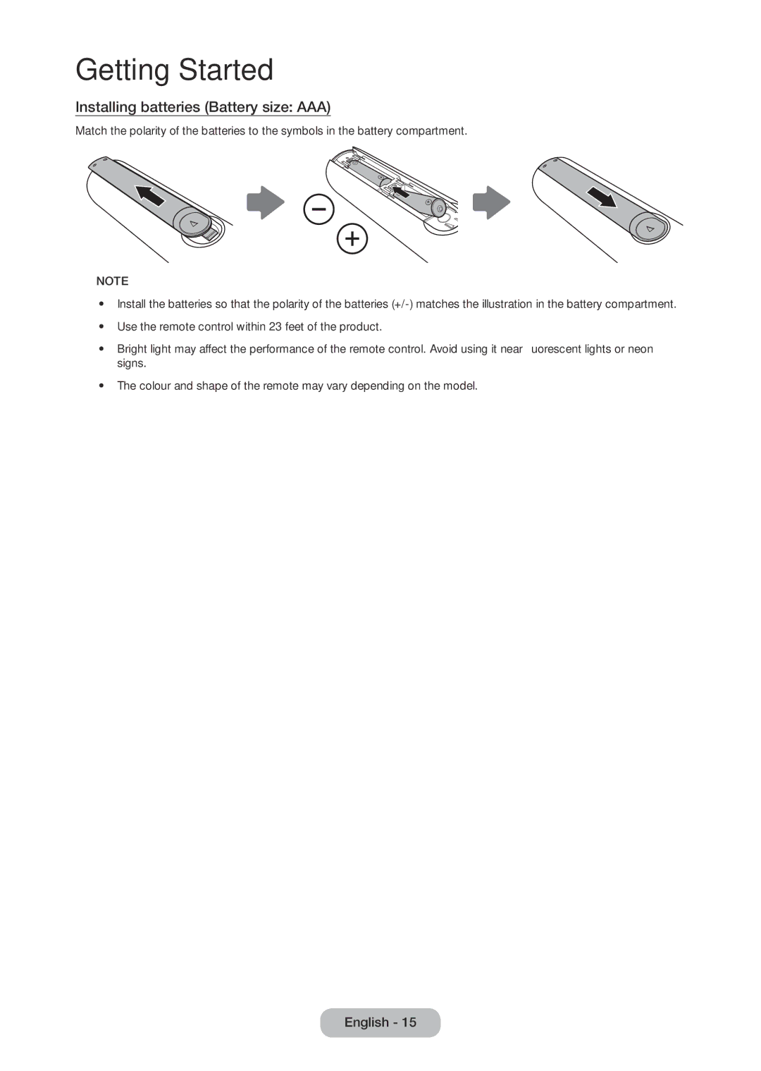 Samsung LT27C350EW/XE, LT23C350EW/EN, LT22C350EW/EN, LT24C350EW/EN, LT24C370EW/EN manual Installing batteries Battery size AAA 