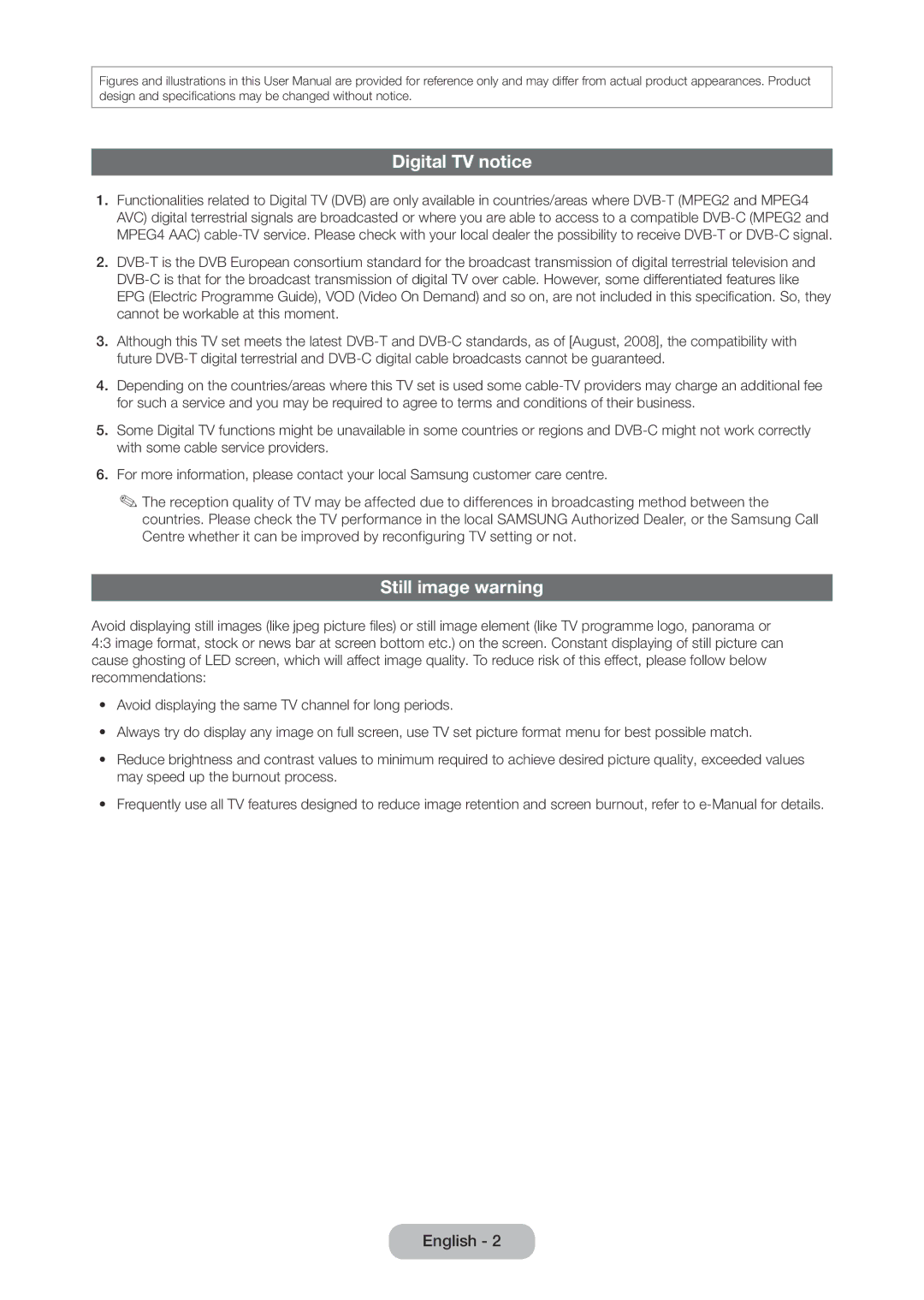 Samsung LT24C350EW/EN, LT23C350EW/EN, LT22C350EW/EN, LT24C370EW/EN, LT27C350EW/EN manual Digital TV notice, Still image warning 