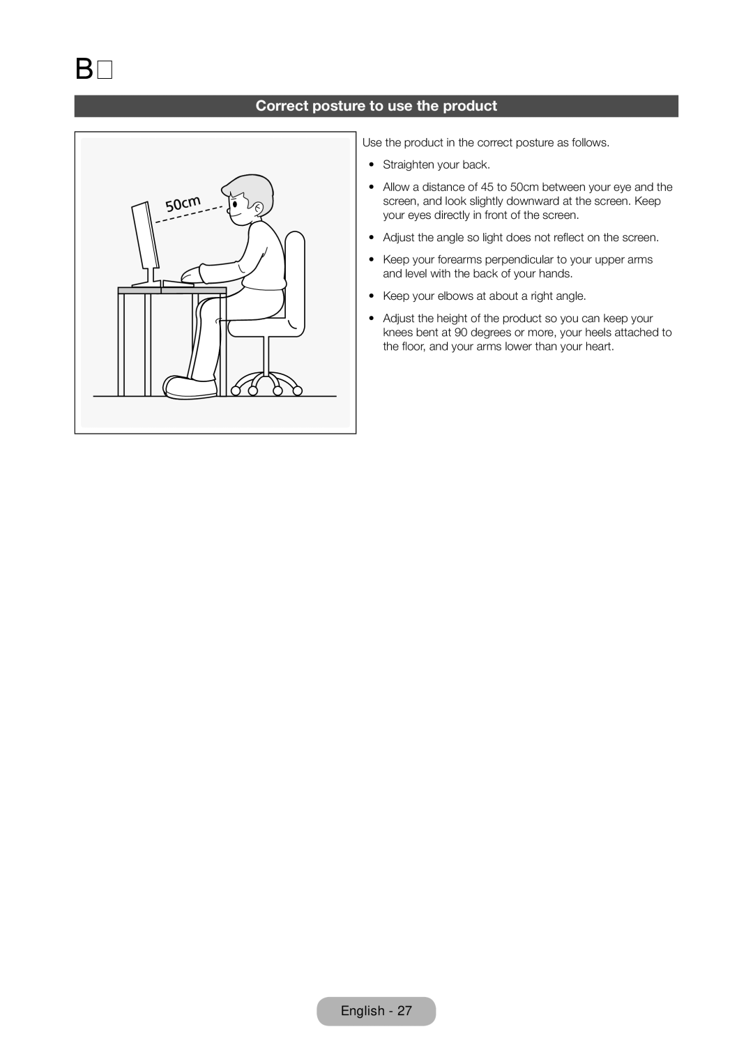 Samsung LT27C370MW/ZN, LT23C350EW/EN, LT22C350EW/EN, LT24C350EW/EN manual Basic Features, Correct posture to use the product 