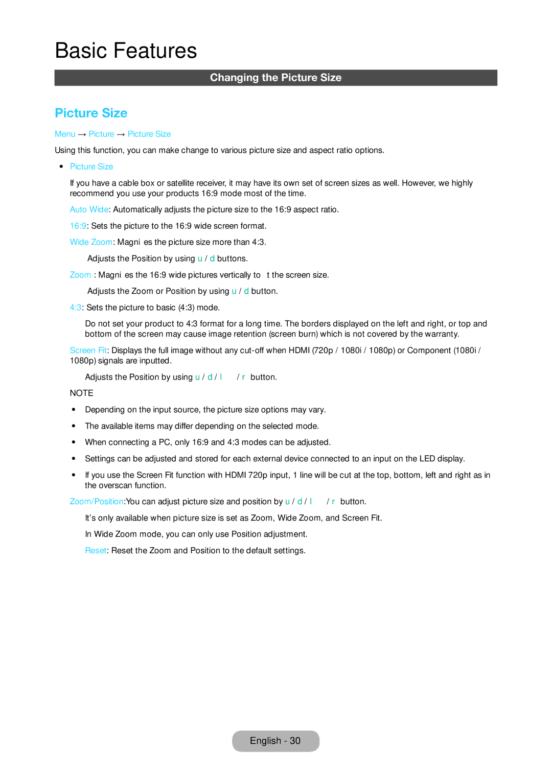 Samsung LT24C350EW/EN, LT23C350EW/EN, LT22C350EW/EN manual Changing the Picture Size, Menu → Picture → Picture Size 