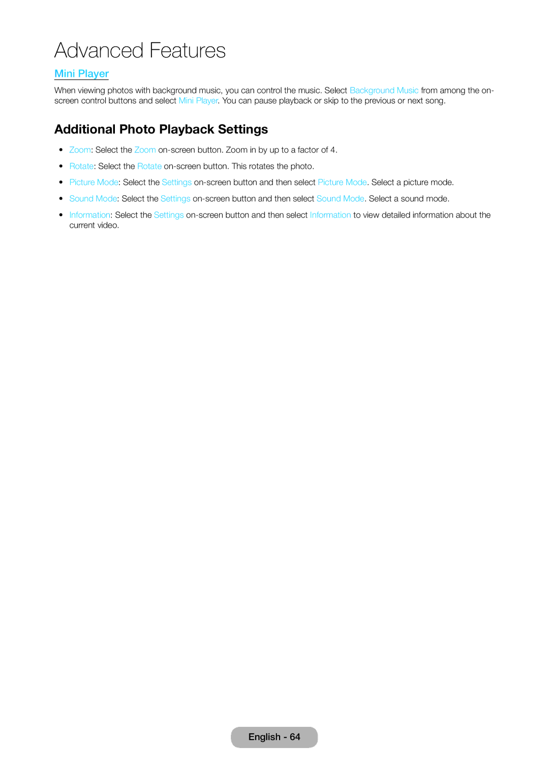 Samsung LT22C350MWQ/UE, LT23C350EW/EN, LT22C350EW/EN, LT24C350EW/EN manual Additional Photo Playback Settings, Mini Player 