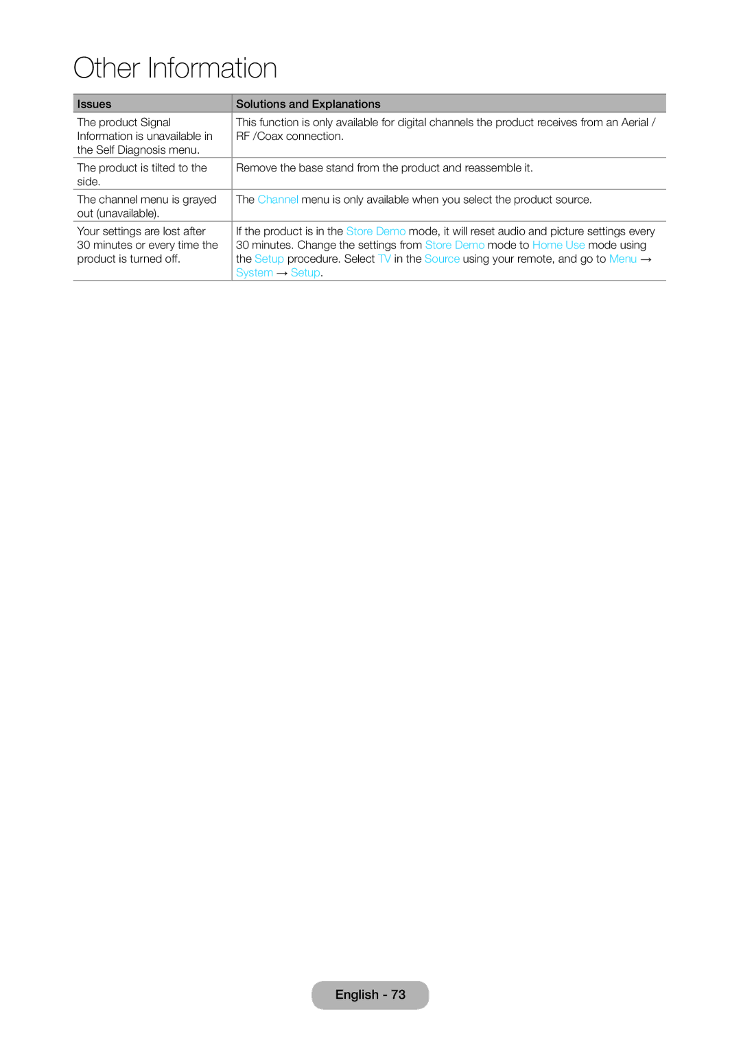 Samsung LT23C350EW/XE, LT23C350EW/EN, LT22C350EW/EN manual Issues Solutions and Explanations Product Signal, System → Setup 