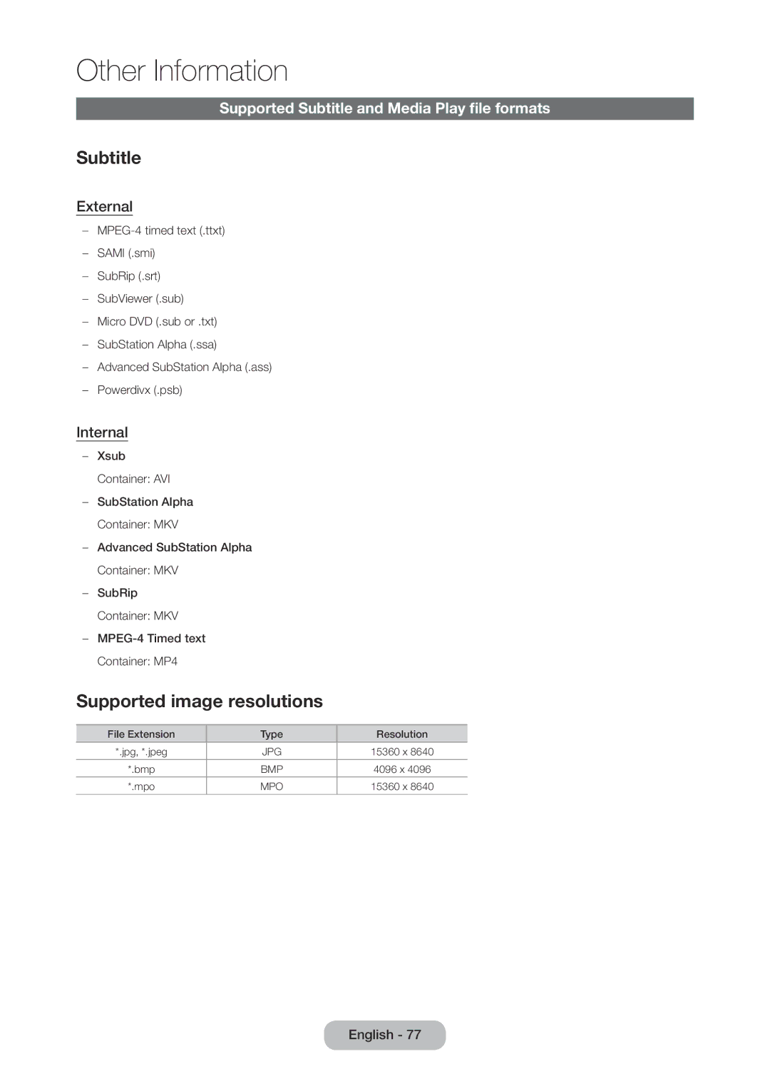 Samsung LT22C350EX/CI Supported image resolutions, Supported Subtitle and Media Play file formats, External, Internal 