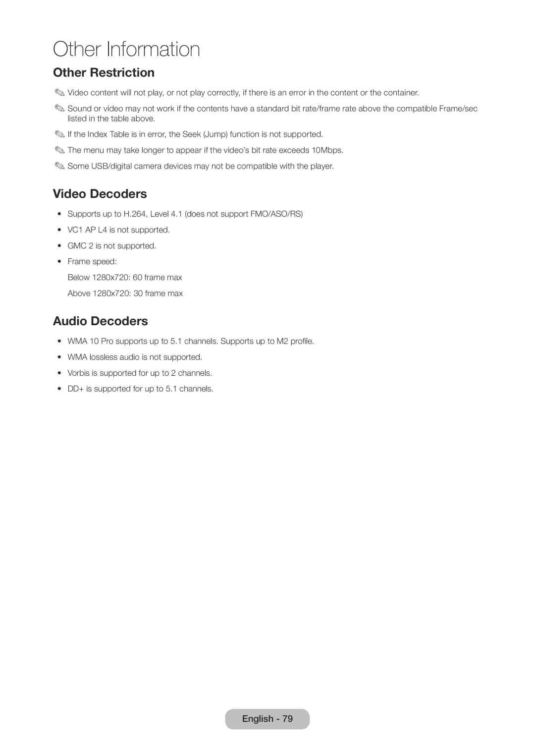 Samsung LT27C370MW/KZ, LT23C350EW/EN, LT22C350EW/EN, LT24C350EW/EN manual Other Restriction, Video Decoders, Audio Decoders 