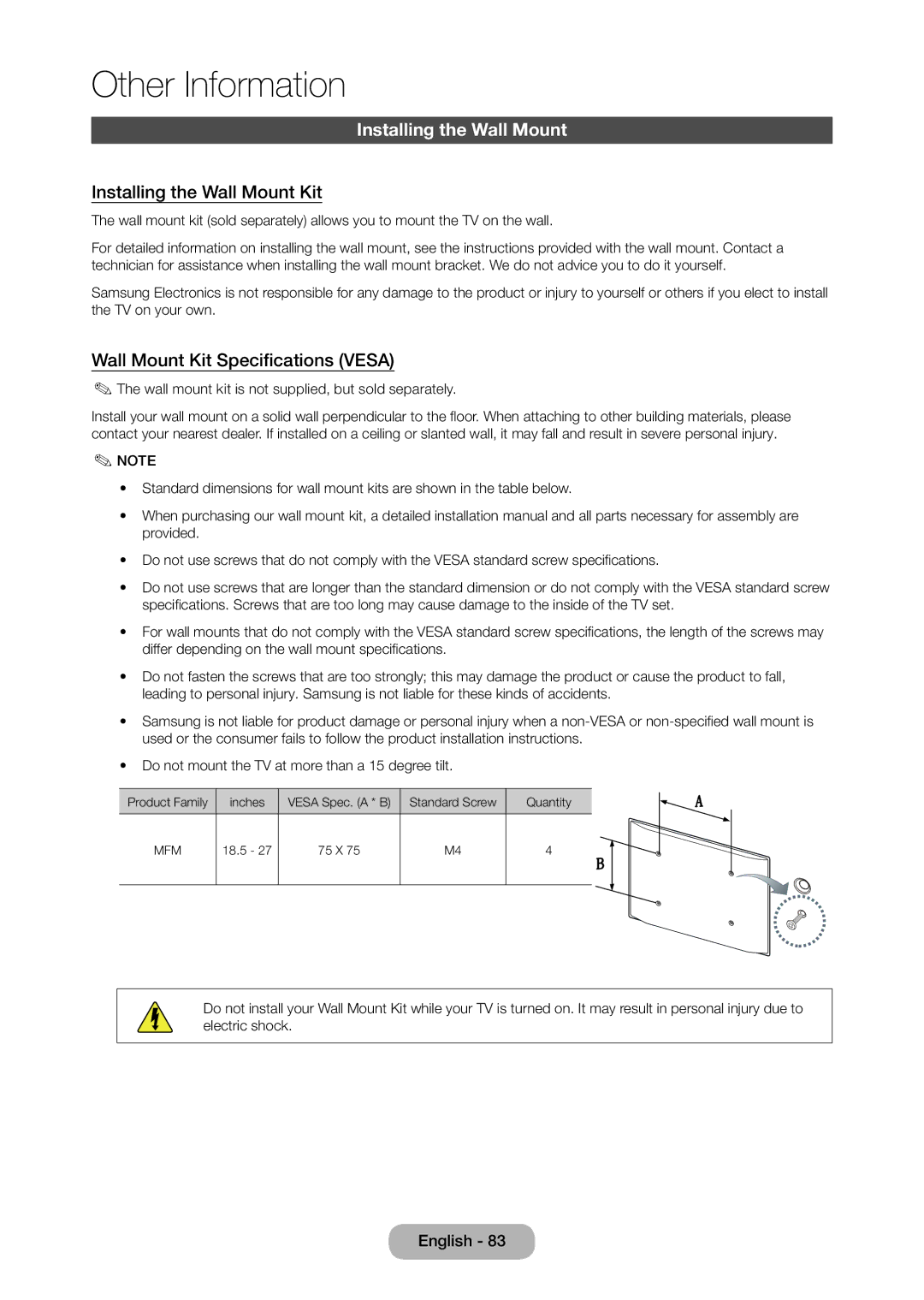 Samsung LT27C370MW/ZN, LT23C350EW/EN, LT22C350EW/EN Installing the Wall Mount Kit, Wall Mount Kit Specifications Vesa 