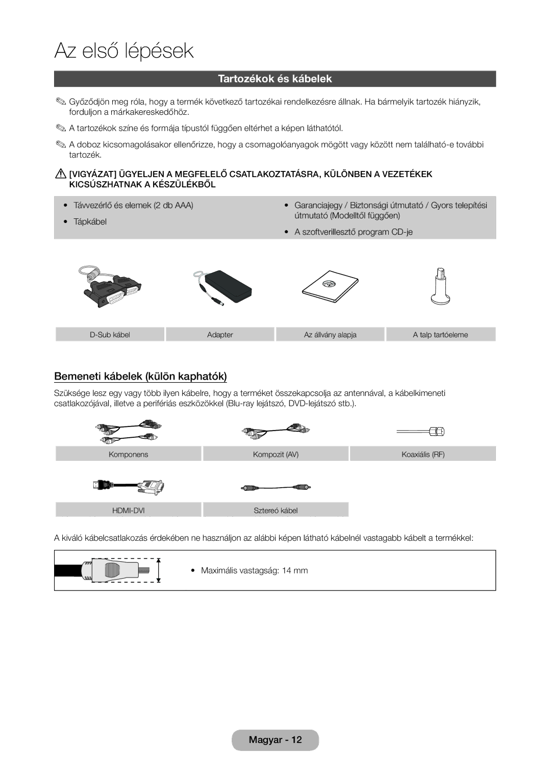 Samsung LT24C370EW/EN, LT23C350EW/EN Tartozékok és kábelek, Bemeneti kábelek külön kaphatók, Távvezérlő és elemek 2 db AAA 